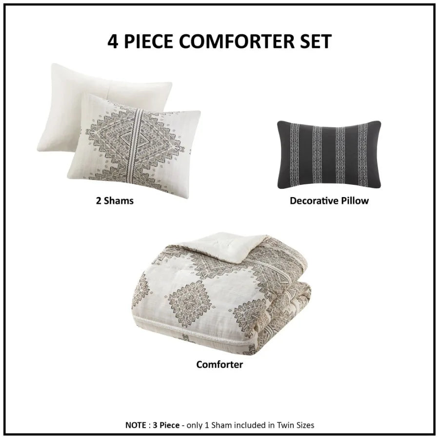 4 Piece Printed Comforter Set with Throw Pillow