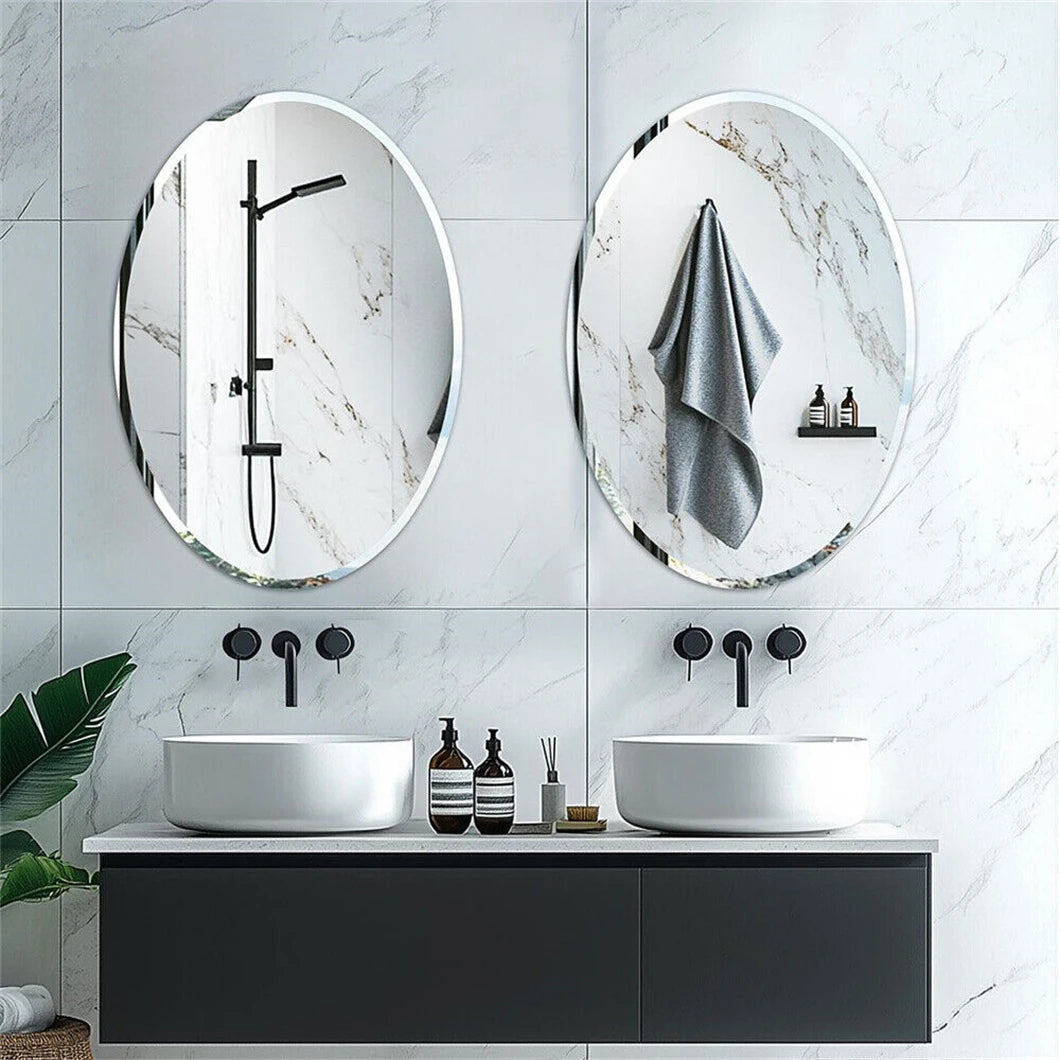 Frameless Oval Wall Mirror with Beveled Silver Edge – High-Definition Elliptical Vanity Mirror for Bathroom, Bedroom & Living Room