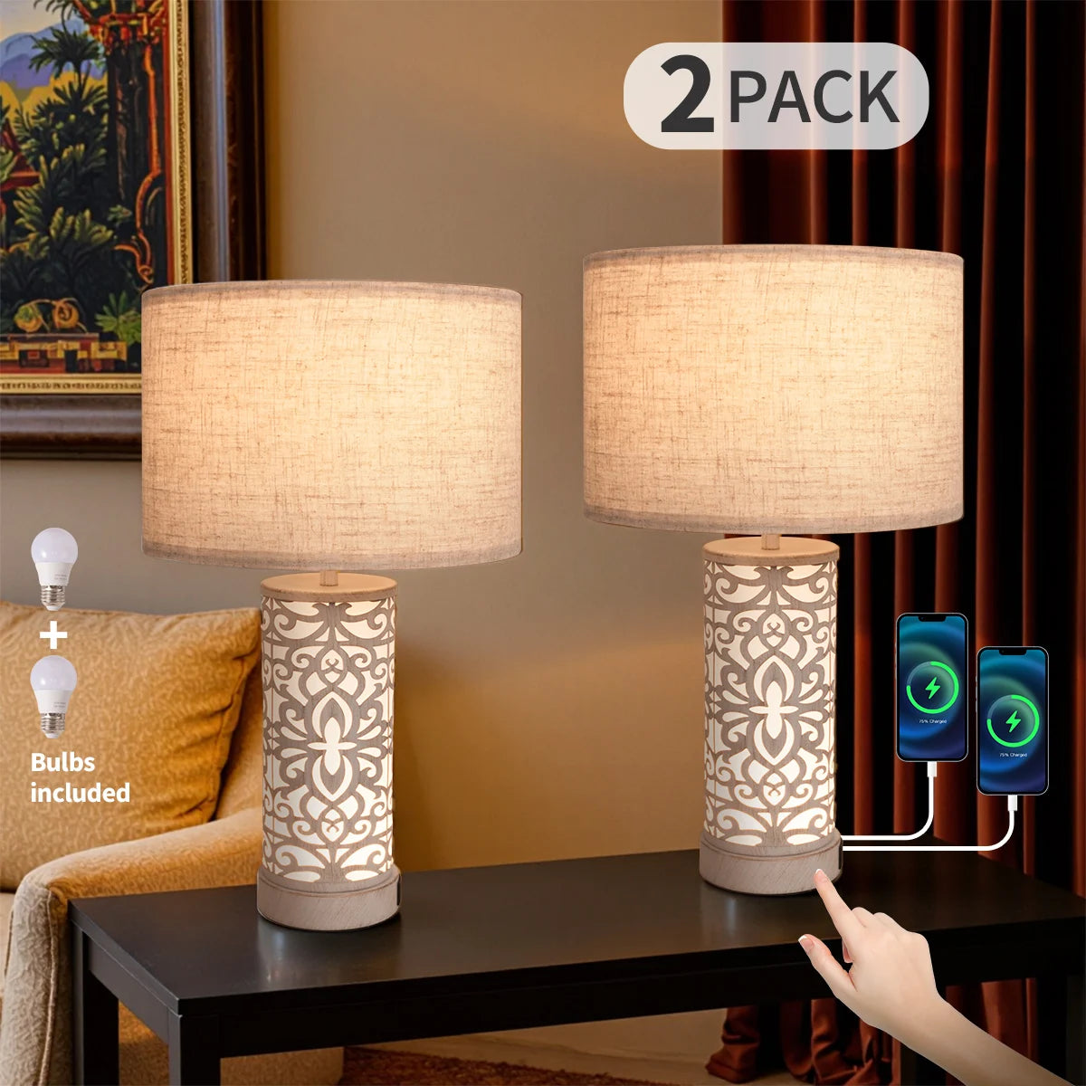 Retro Farmhouse Table Lamp – 2-Pack Dimmable Desk Lamps with USB Charging & Night Light
