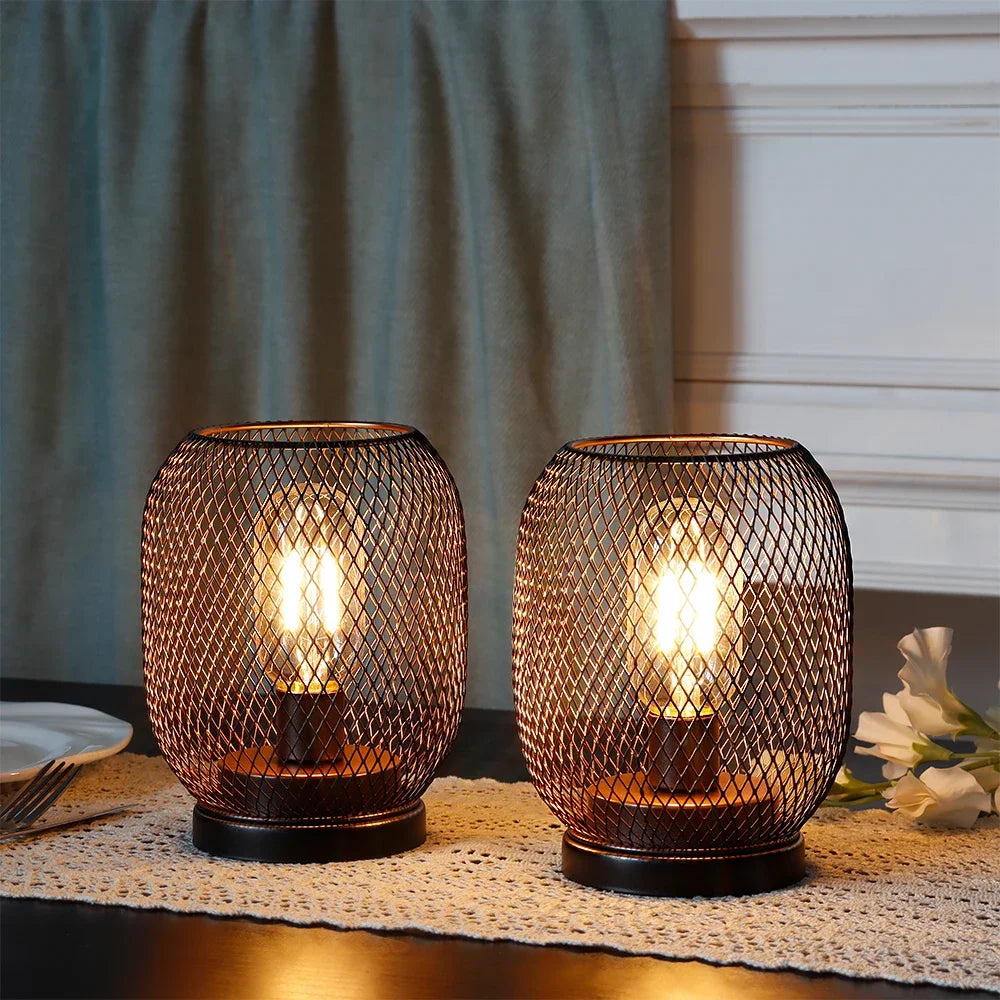 Set of 2 Metal Cage LED Candle Lanterns – Battery-Powered Decorative Table Lamps for Indoor or Outdoor Use