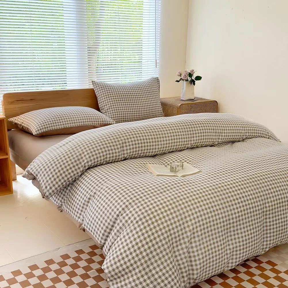 Queen Gingham Plaid Duvet Cover Set – Tan Washed Microfiber, Soft & Lightweight Bedding
