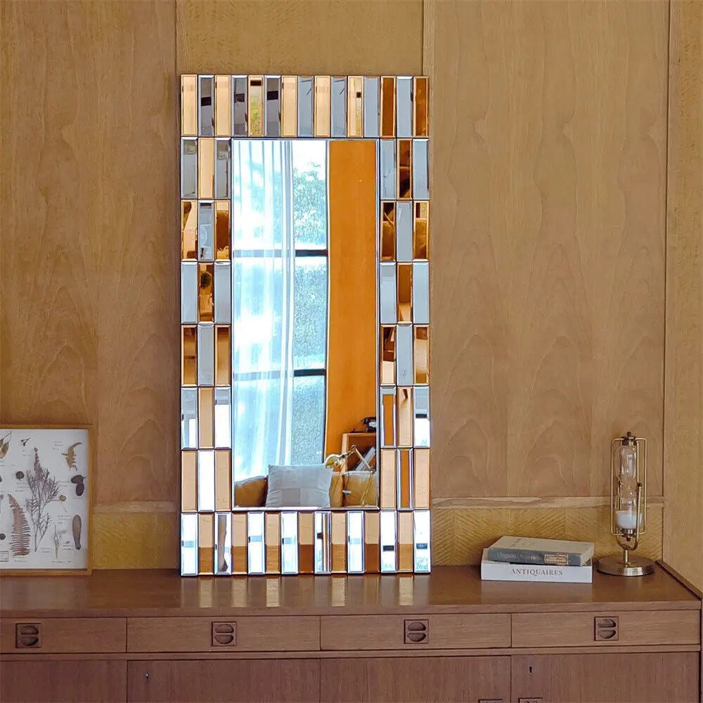 Rectangular Sunburst Wall Mirror – Silver & Tawny Beveled Glass Accent Mirror, Vertical or Horizontal Hanging