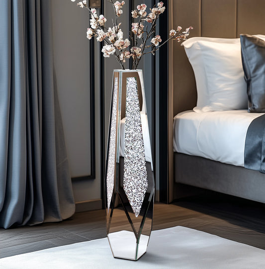 Tall Crushed Diamond Floor Mirror Vase – Modern Crystal Glass Centerpiece