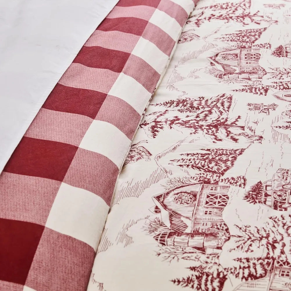 Levtex Home King Duvet Cover Set – Winter Sleigh Ride Red & Cream Reversible Bedding with 2 Shams
