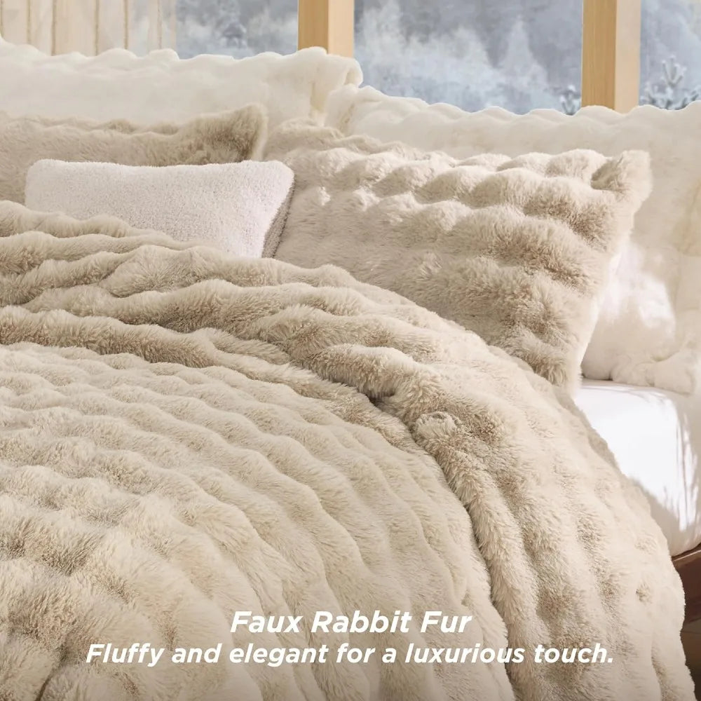 King Size Light Beige Faux Fur Fluffy Comforter Set – Plush Shaggy Bubble Bedding