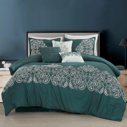 Teal Paisley 7-Piece Embroidered Comforter Set – Queen Bedding Collection