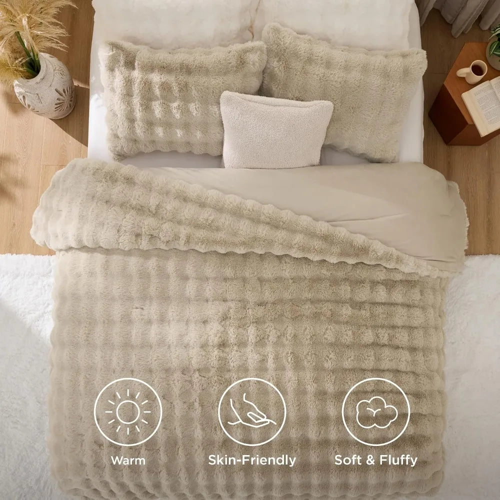 King Size Light Beige Faux Fur Fluffy Comforter Set – Plush Shaggy Bubble Bedding