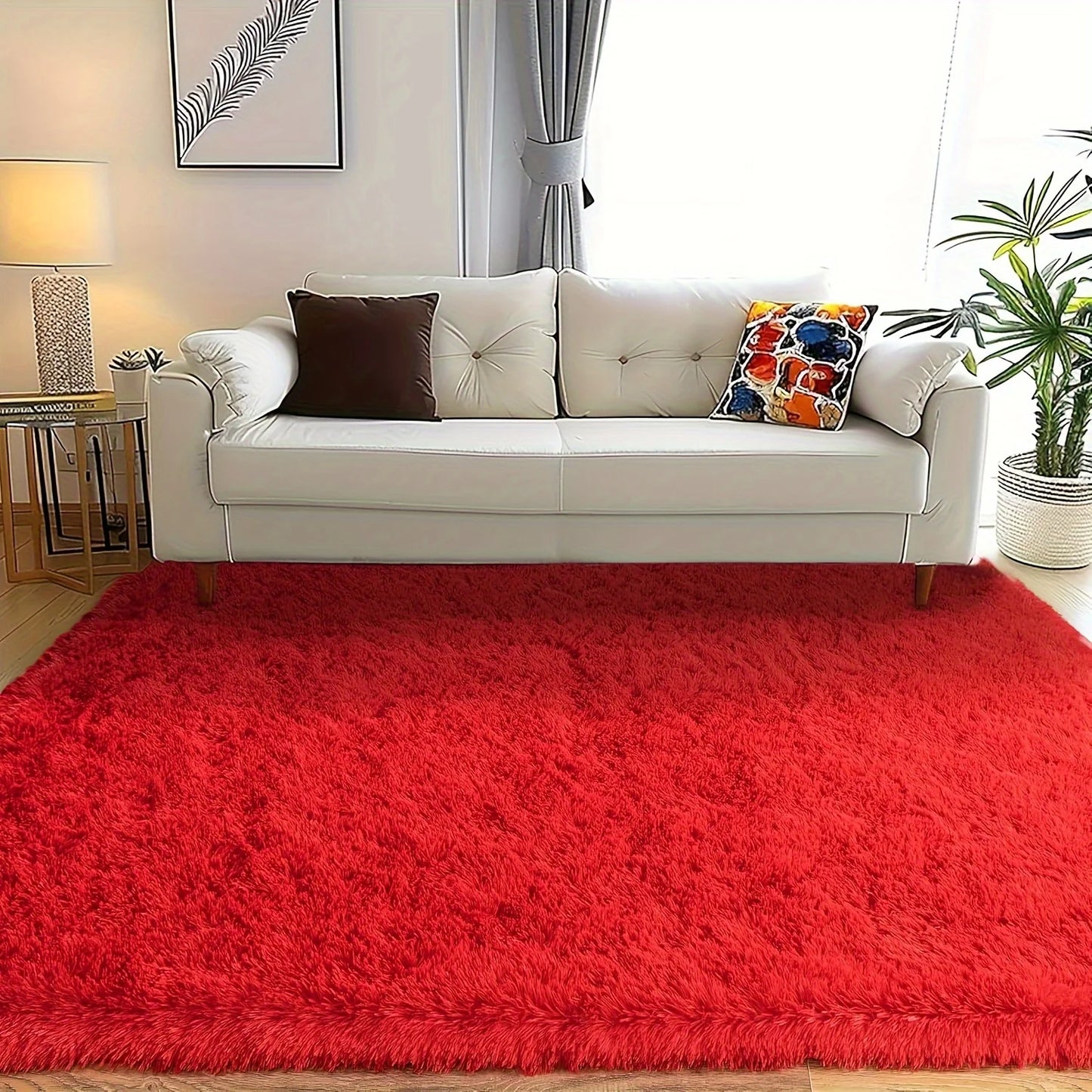 Red Fluffy Plush Non-Slip Carpet – Soft Area Rug with 4 Stickers