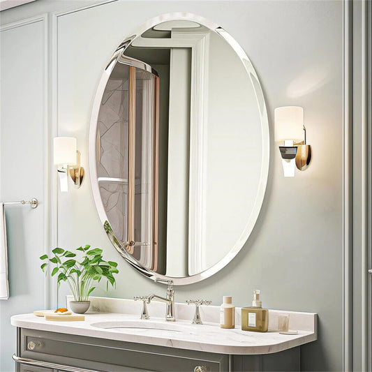 Frameless Oval Wall Mirror with Beveled Silver Edge – High-Definition Elliptical Vanity Mirror for Bathroom, Bedroom & Living Room