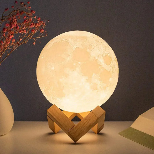 8cm LED Moon Lamp – Battery-Powered Night Light with Stand, Starry Bedroom Decor