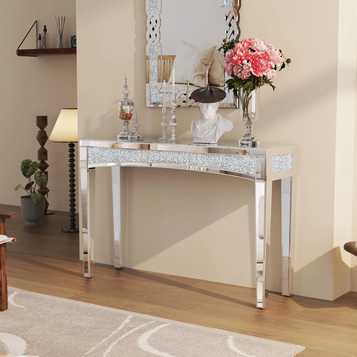 47.2" Mirrored Silver Console Table with Crystal Inlay – Modern Chic Sofa Table for Living Room, Entryway, or Foyer