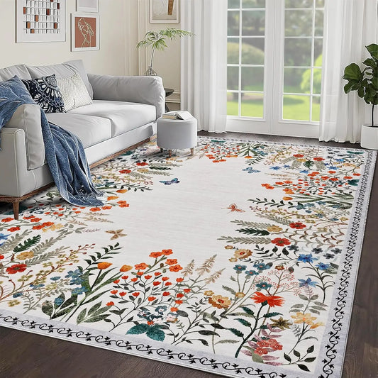 Washable Area Rugs for Living Room – Non-Slip Floral Runner Rug