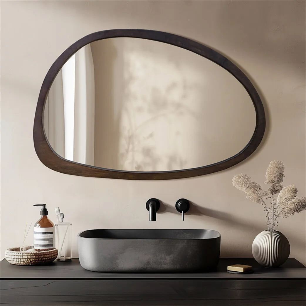 Irregular Decorative Wall Mirror with Black Walnut Wood Frame – Modern Asymmetrical Accent Mirror