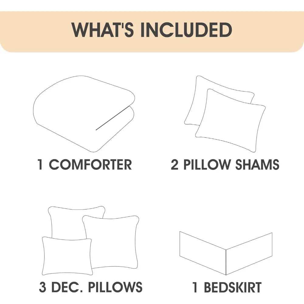 Queen Size Taupe Damask Jacquard Comforter Set – 7-Piece All-Season Soft Bedding Ensemble with Decorative Pillows & Bed Skirt