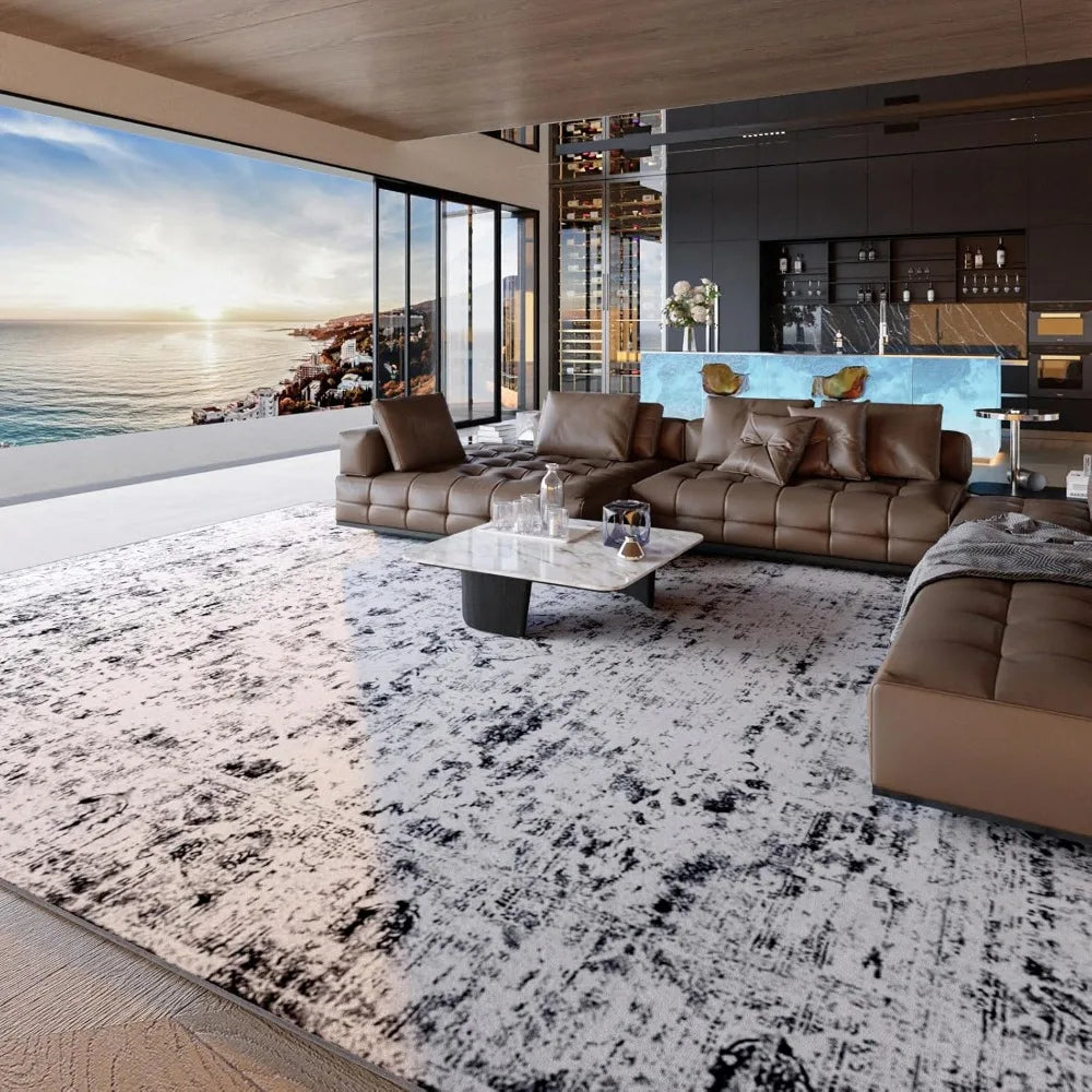 Large 8x10 Living Room Rug – Washable Grey and White Vintage Abstract Boho Low Pile Carpet with Non-Slip Backing