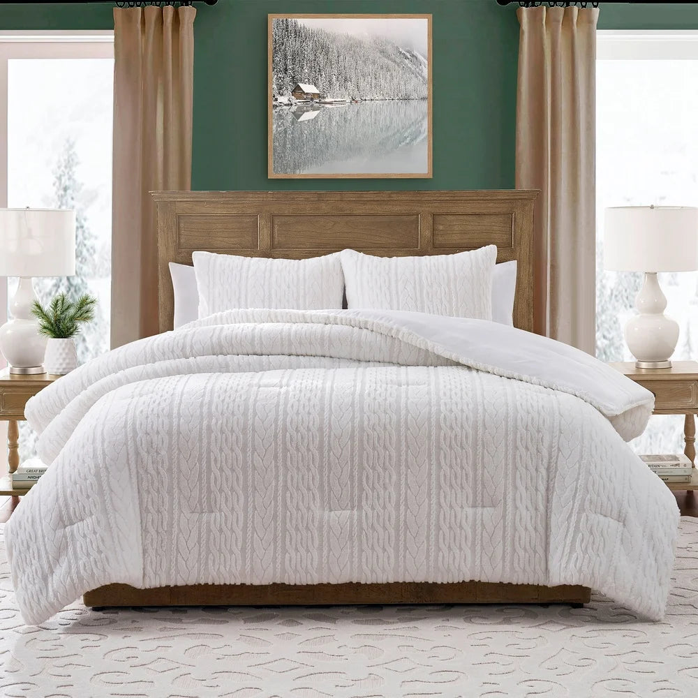 3-Piece King Faux Rabbit Fur Comforter Set – Textured Cable Knit Patterns