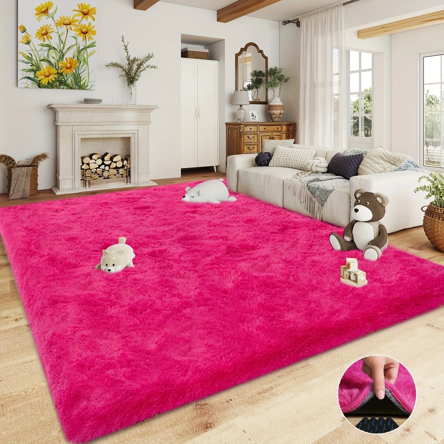 Hot Pink Soft Shaggy Rug – Non-Slip Plush Carpet, Luxury Room Decor