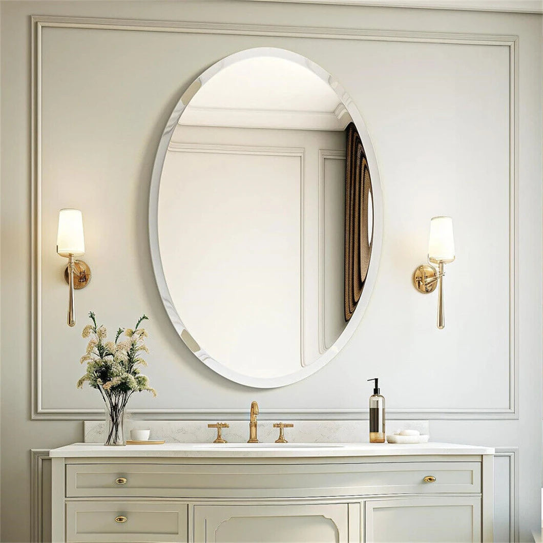 Frameless Oval Wall Mirror with Beveled Silver Edge – High-Definition Elliptical Vanity Mirror for Bathroom, Bedroom & Living Room
