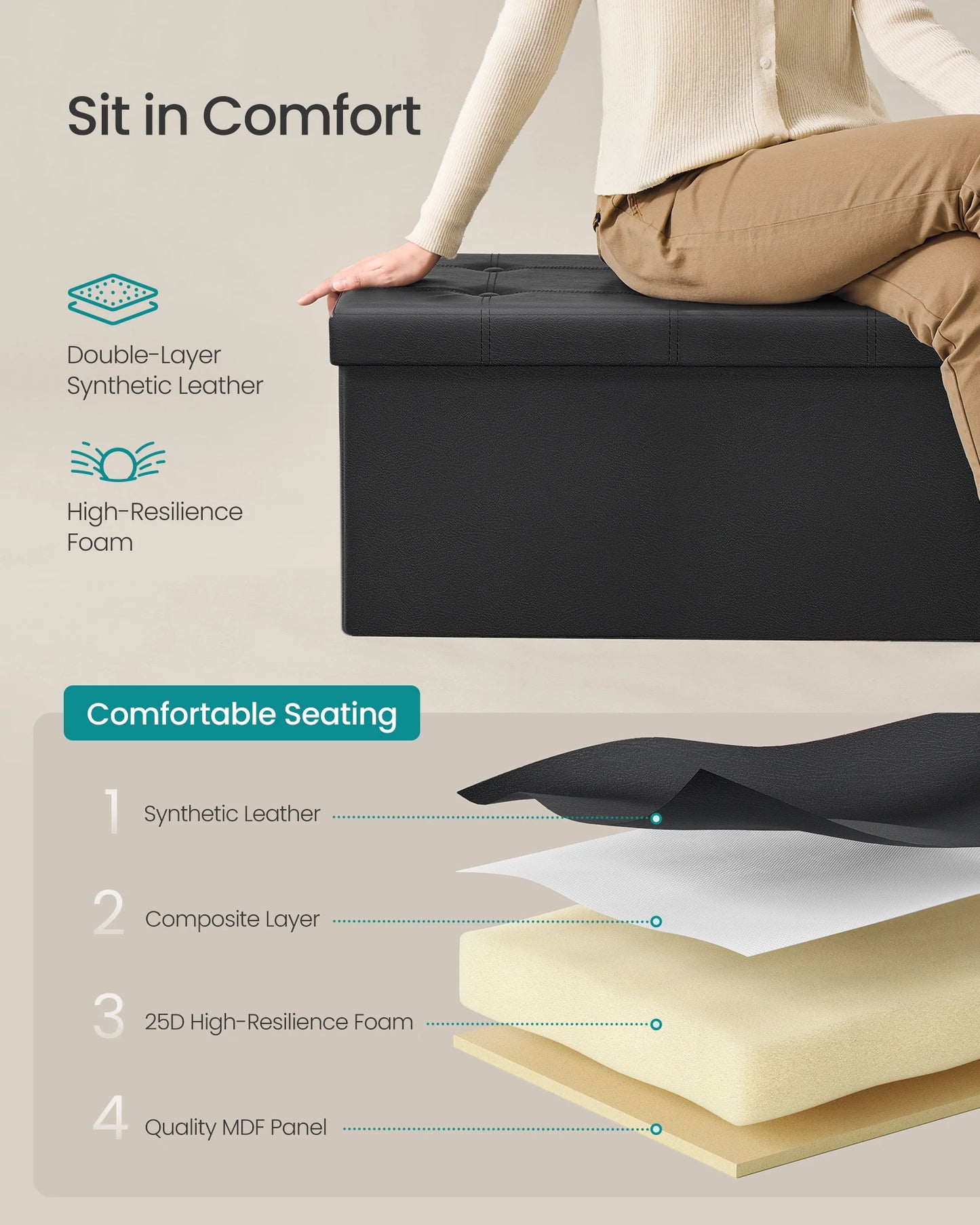 30” Folding Storage Ottoman Bench – Faux Leather Padded Seat