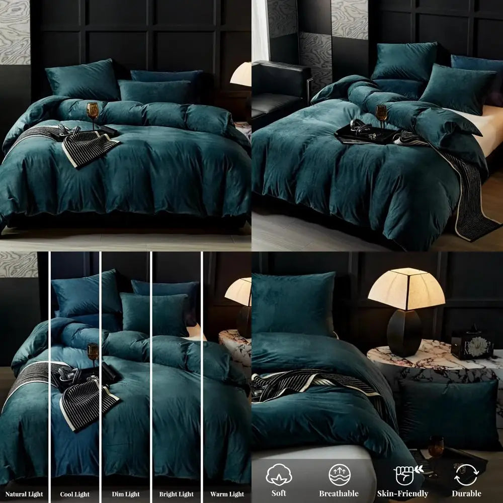 Peacock Blue Velvet Duvet Cover Set – Ultra-Soft Textured 3-Piece King Bedding