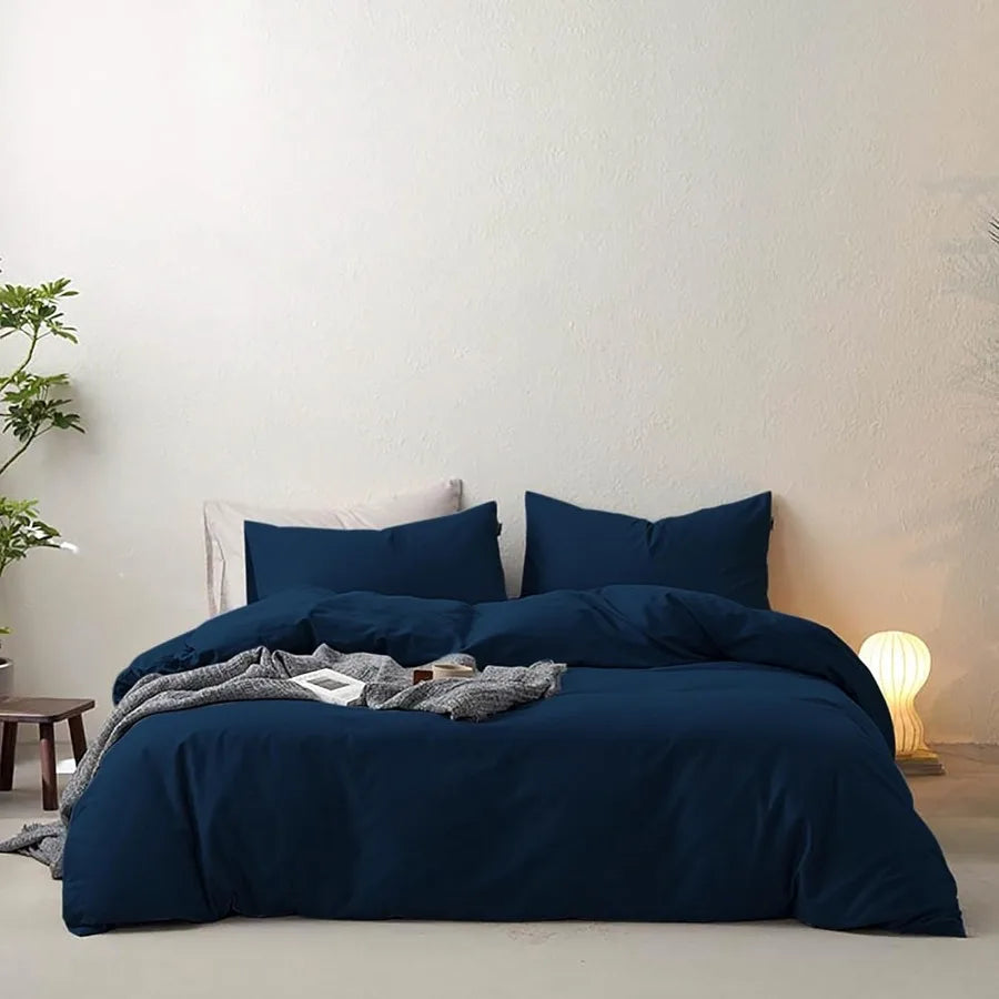 Navy Blue Duvet Cover Set – Queen Size, 3-Piece Comforter Cover