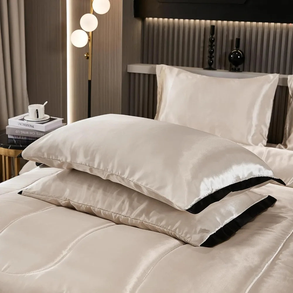 Luxury Satin King Comforter Set – Beige & Black Ruffle Bedding