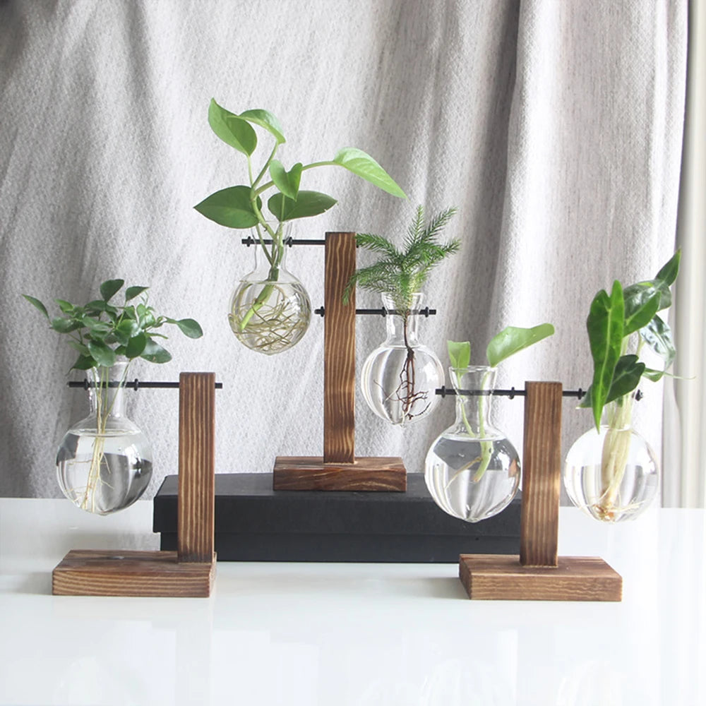 Vintage Wooden Terrarium Vase – Desktop Hydroponic Planter with Glass Bulb Design