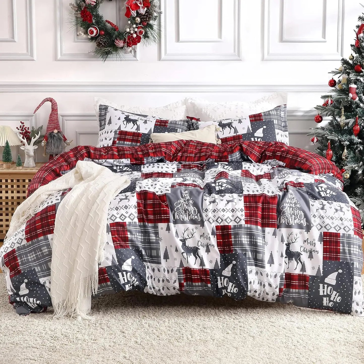 Christmas Plaid Duvet Cover Set – Reversible Red Holiday Bedding in Queen & King