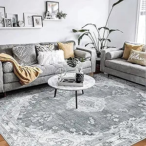 Large 8x10 Bohemian Area Rug – Soft Blue Washable Living Room Carpet with Non-Slip Abstract Design