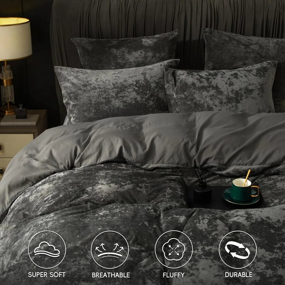 Queen Velvet Duvet Cover Set – 3-Piece Ultra Soft Dark Grey Flannel Bedding
