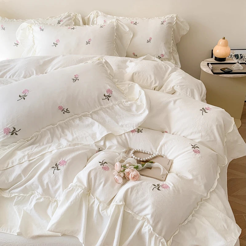 Elegant Embroidered Ruffled Duvet Cover Set (3 Pieces)