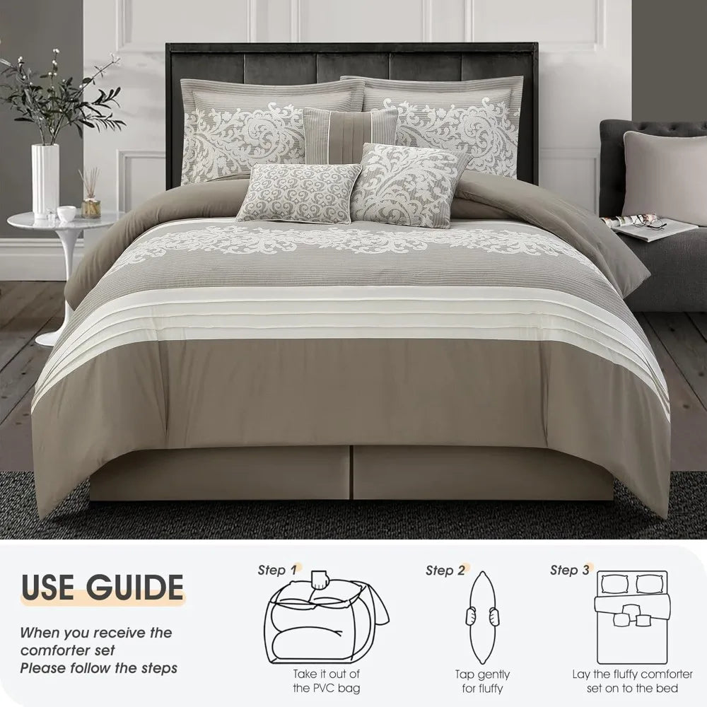 Queen Size Taupe Damask Jacquard Comforter Set – 7-Piece All-Season Soft Bedding Ensemble with Decorative Pillows & Bed Skirt