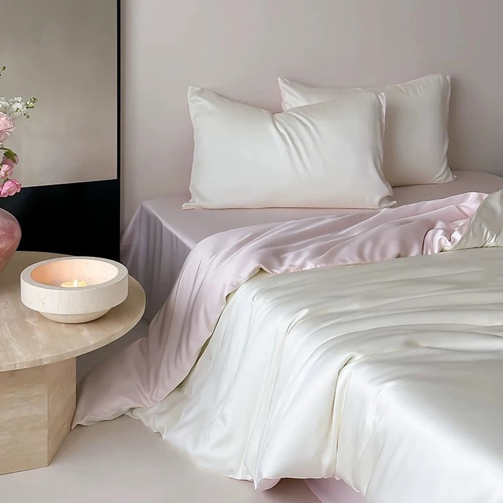 Liv Esthete 100% Silk 4-Piece Bedding Set – White Blue | Duvet Cover, Flat Sheet & 2 Pillowcases