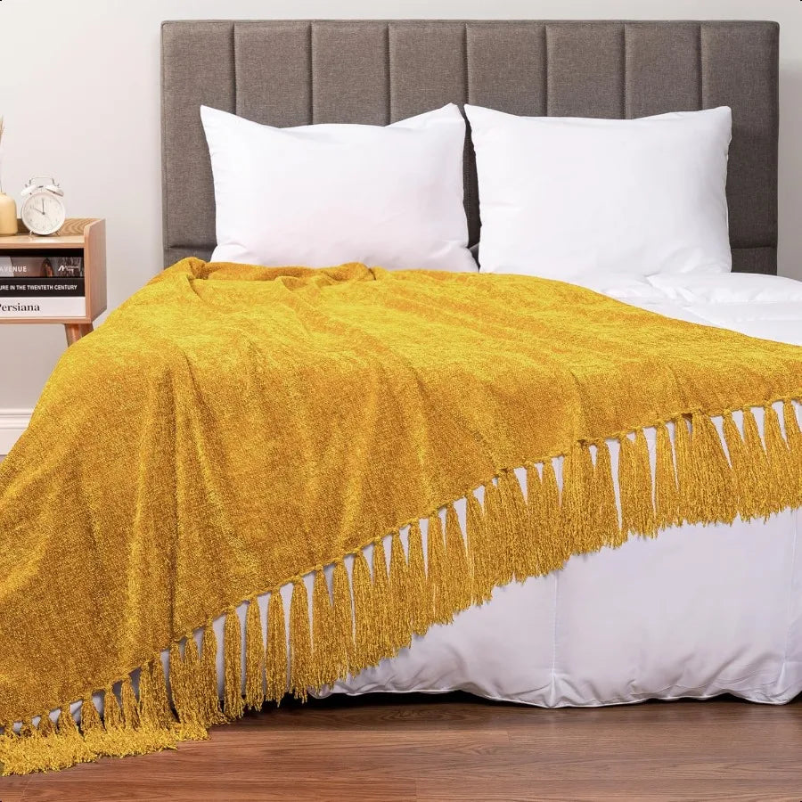 Mustard Yellow Knit Throw Blanket – 50x60 Inches, Soft Cotton with Tassels
