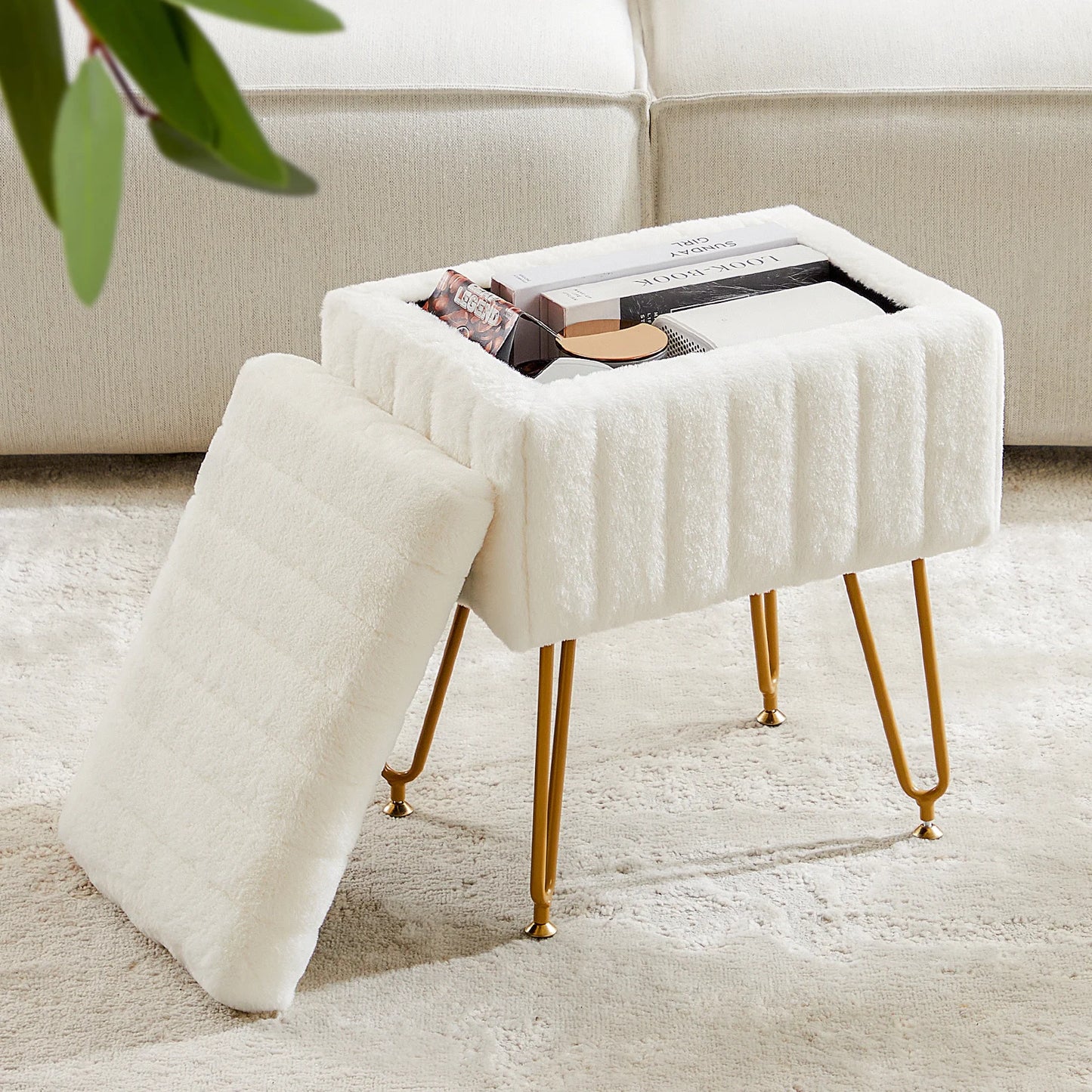 Faux Fur Hidden Storage Stool & Ottoman – Padded Makeup Chair with Metal Legs