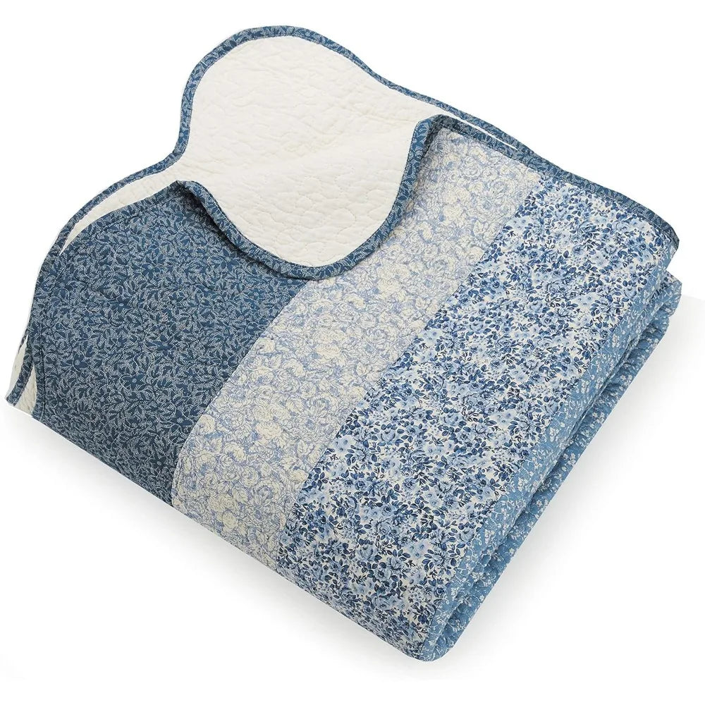 Blue Floral Dahlia Quilted Bedspread – Lightweight Cotton Coverlet with Embroidered Details