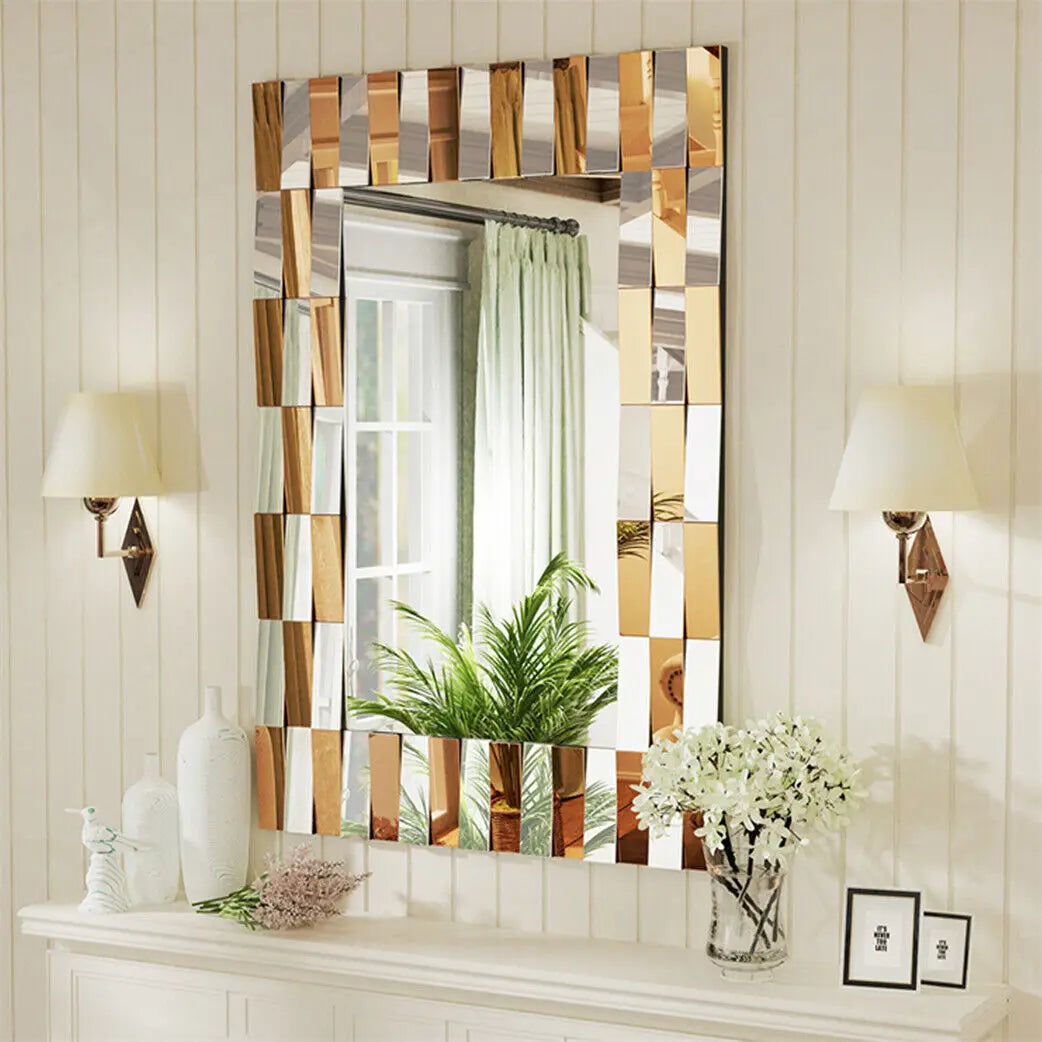 Rectangular Sunburst Wall Mirror – Silver & Tawny Beveled Glass Accent Mirror, Vertical or Horizontal Hanging