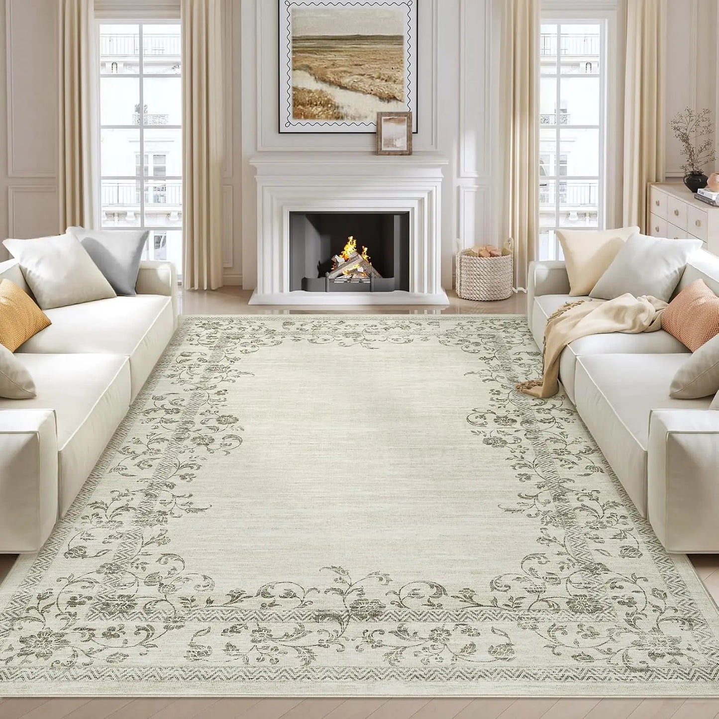 Washable Area Rug Farmhouse Floral Border Soft Indoor Carpet for Bedroom Living Room Dining Room Office
