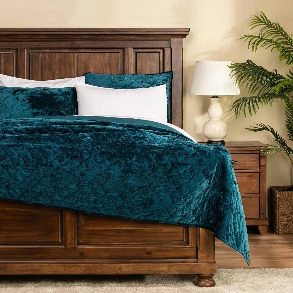 Luxurious Crushed Velvet Diamond-Stitch Quilt Set – Soft Modern Bedding for King/Cal King