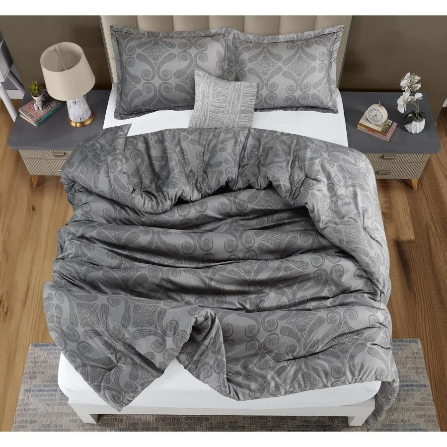 Paisley Grey Floral Comforter Set – Lightweight 3-Piece Queen Down-Alternative Bedding