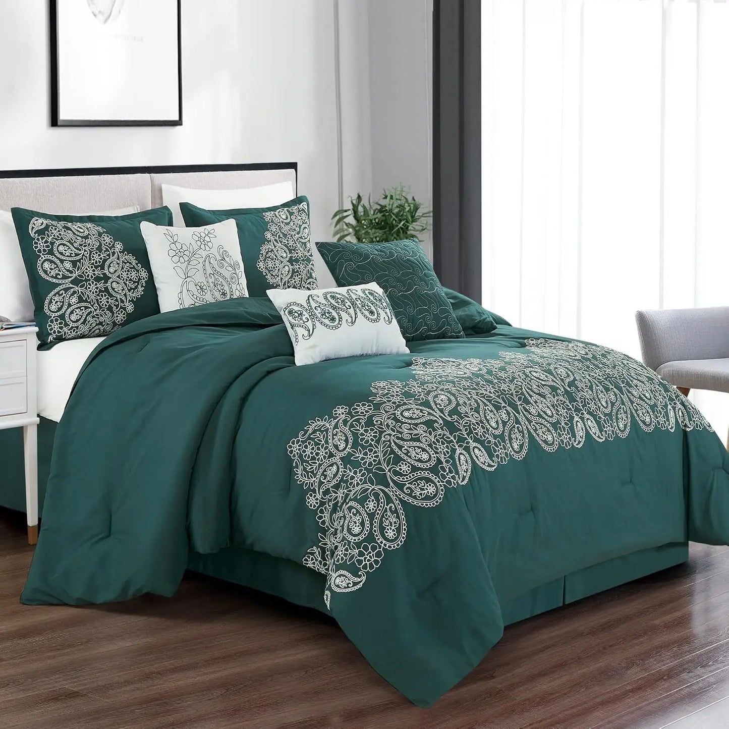 Teal Paisley 7-Piece Embroidered Comforter Set – Queen Bedding Collection