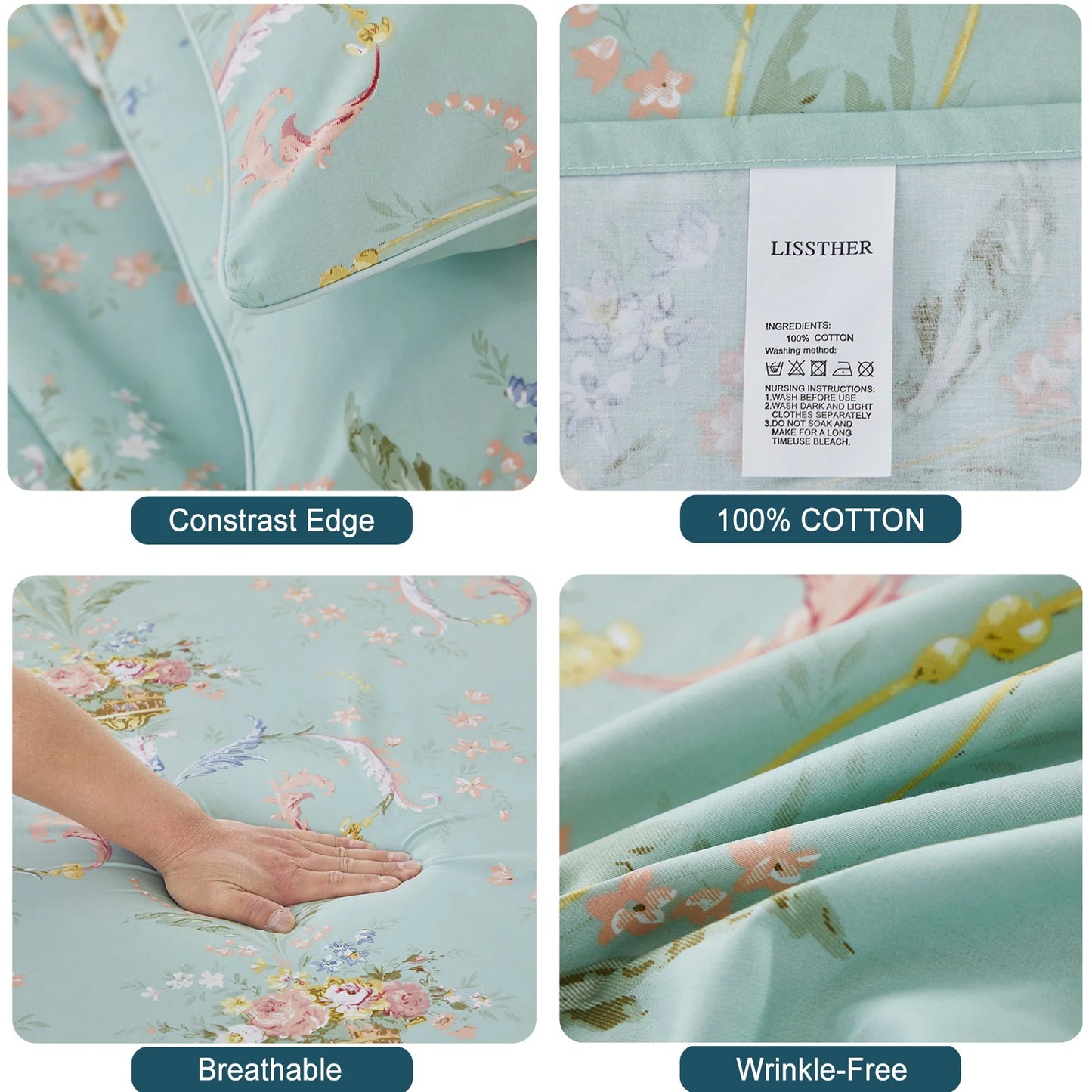 3-Piece 600TC Egyptian Cotton Duvet Cover Set Soft Breathable Floral Bedding