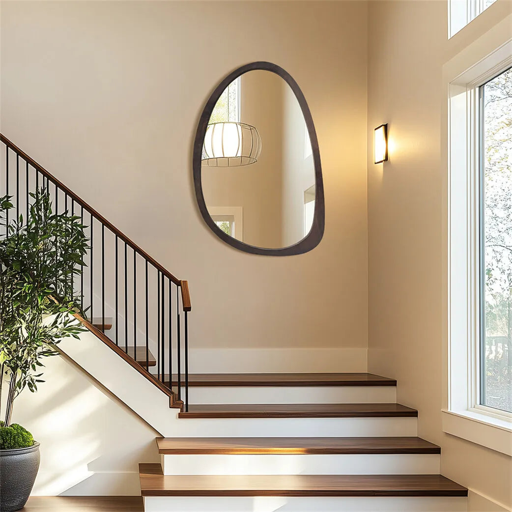 Irregular Decorative Wall Mirror with Black Walnut Wood Frame – Modern Asymmetrical Accent Mirror