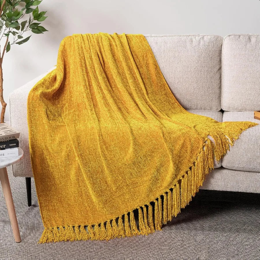 Mustard Yellow Knit Throw Blanket – 50x60 Inches, Soft Cotton with Tassels