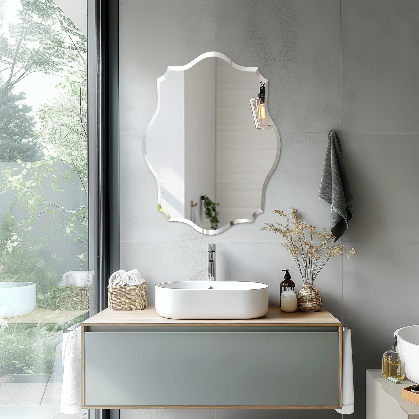 Wisfor Frameless Scalloped Wall Mirror – Irregular Beveled Edge Silver Glass for Bathroom, Living Room, Vanity, or Bedroom