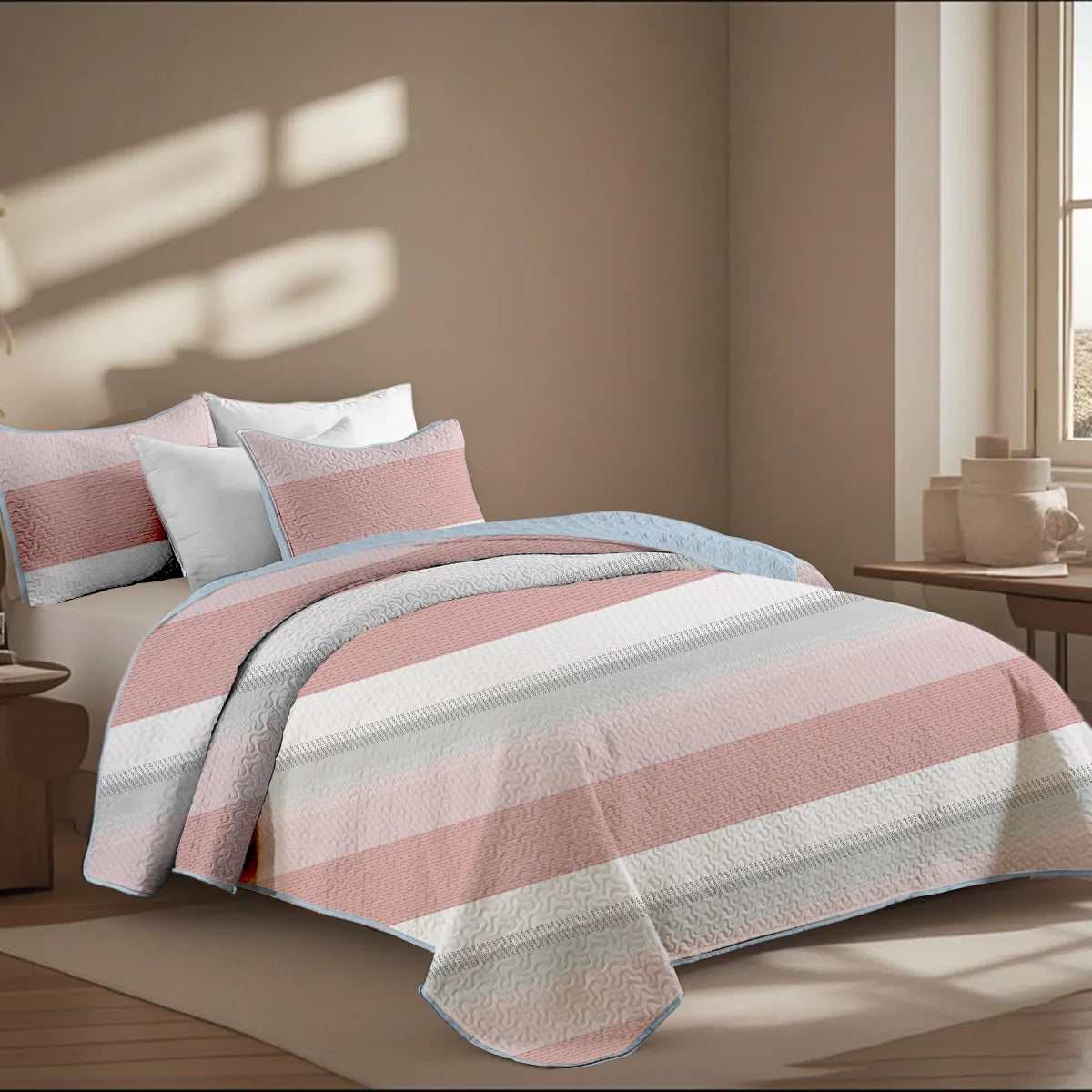 🛏️ 2/3-Piece Geometric Stripes Printed Quilt Set – Cal King Size  Durable | Breathable | Unique Summer Bedding Set
