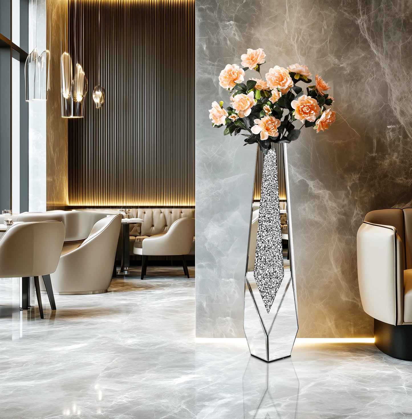 Tall Crushed Diamond Floor Mirror Vase – Modern Crystal Glass Centerpiece