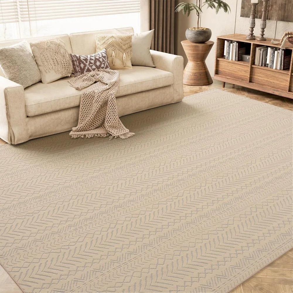 Boho Khaki Washable Area Rug 6x9 – Non-Slip 3D Moroccan Living Room Carpet