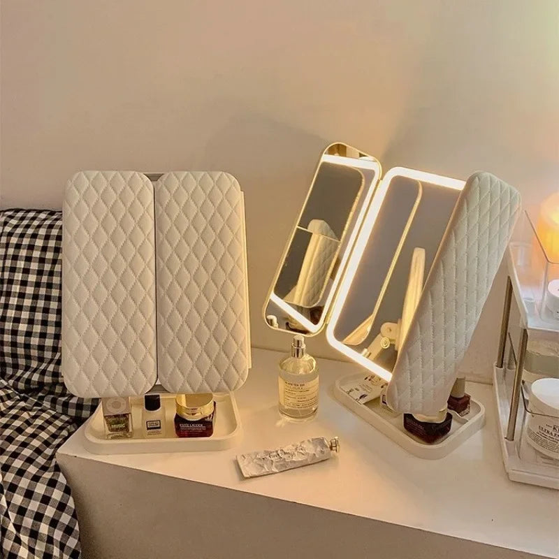 Trifold LED Makeup Mirror – Adjustable Light & Magnification ✨