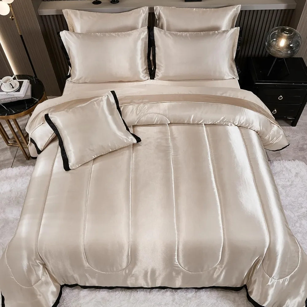Luxury Satin King Comforter Set – Beige & Black Ruffle Bedding